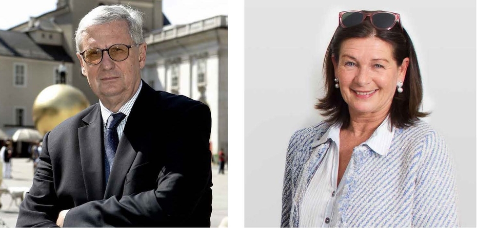 Zwei Portraitfotos, einmal von einem Mann in Anzug und einmal von einer Frau in grauem Kostüm