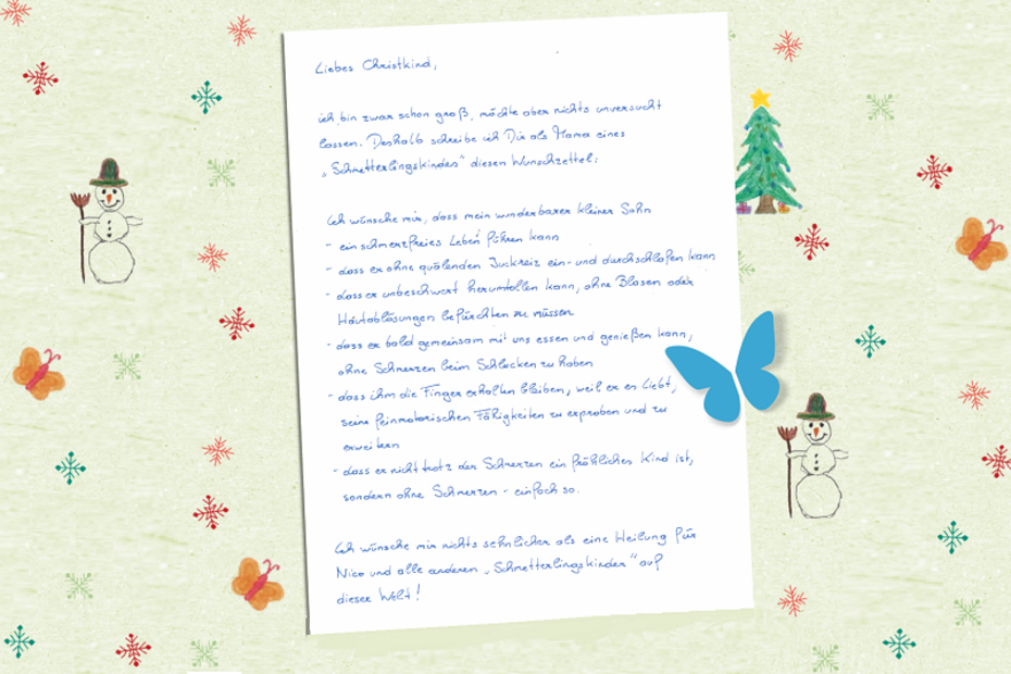 Handgeschriebener Brief ans Christkind von einer Mutter eines Schmetterlingskindes