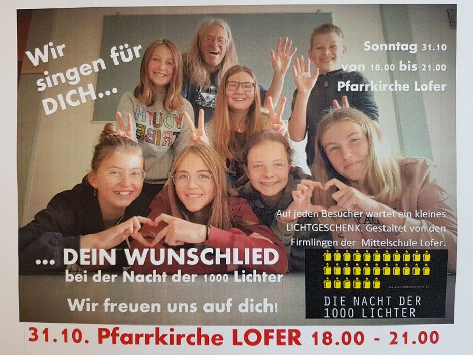 Gruppe von SchülerInnen und ein Lehrer im Hintergrund auf dem Ankündigungsplakat