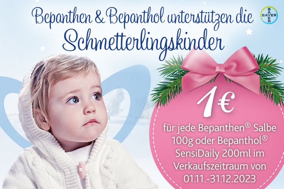 Grafik mit Schmetterlingskind und rosa Christbaumkugel mit Text zur Bepanthen Aktion