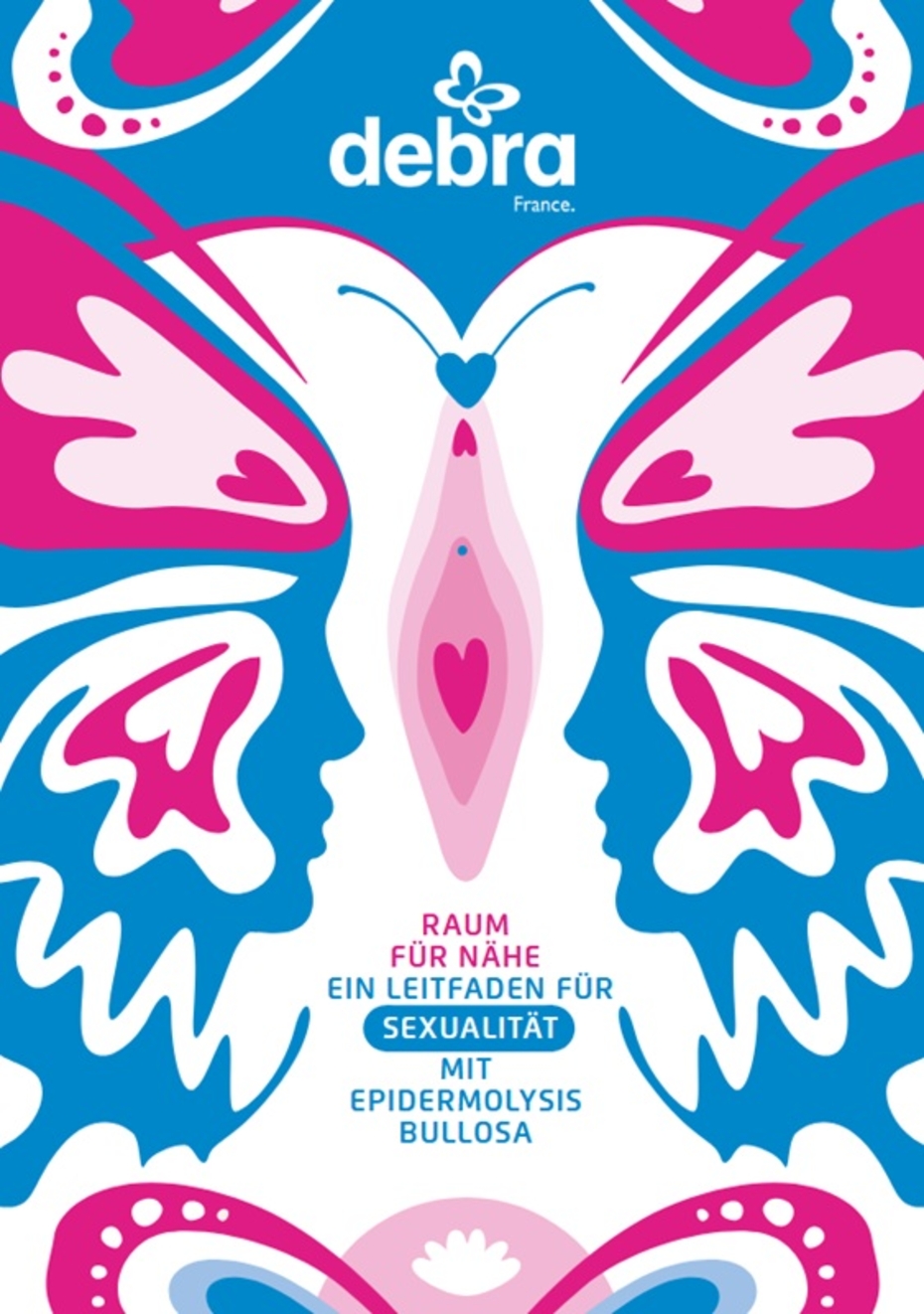 Titelblatt des Leitfadens, in blau-rot-pinken Ornamenten gehalten