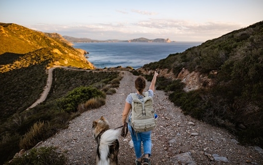Eine Frau spaziert mit einem Hund auf einem Weg, im Hintergrund ist ein Gewässer.