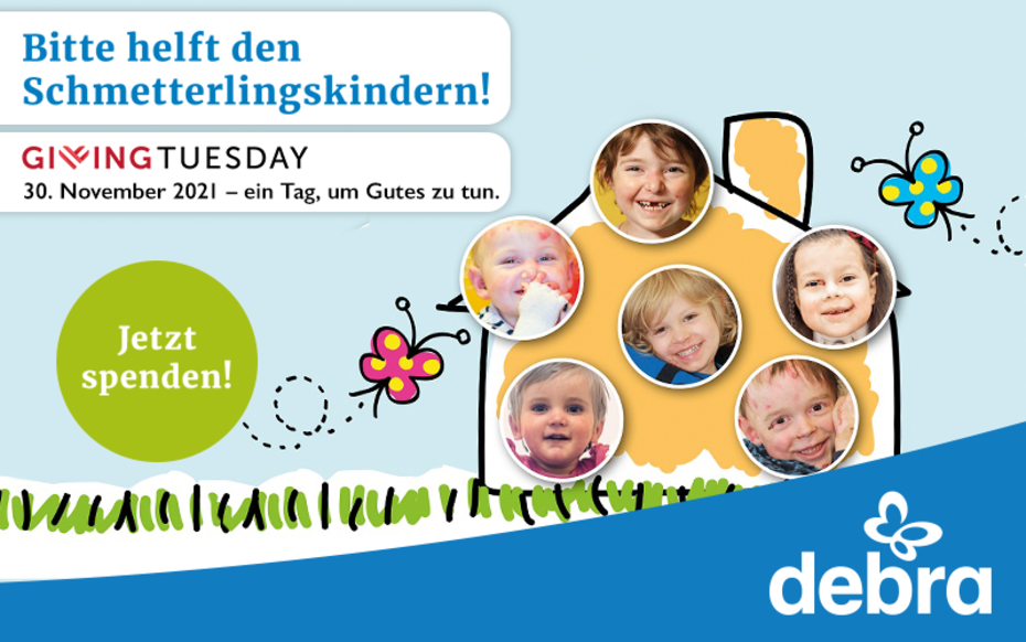 Grafik zur Bewerbung des Giving Tuesday Kinderzeichnung eines Hauses mit Kinderfotos