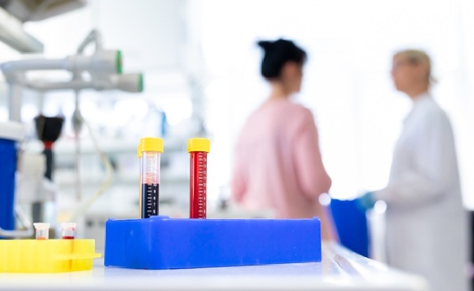 Zwei Personen stehen in einem Labor, im Vordergrund sieht man Reagenzgläser