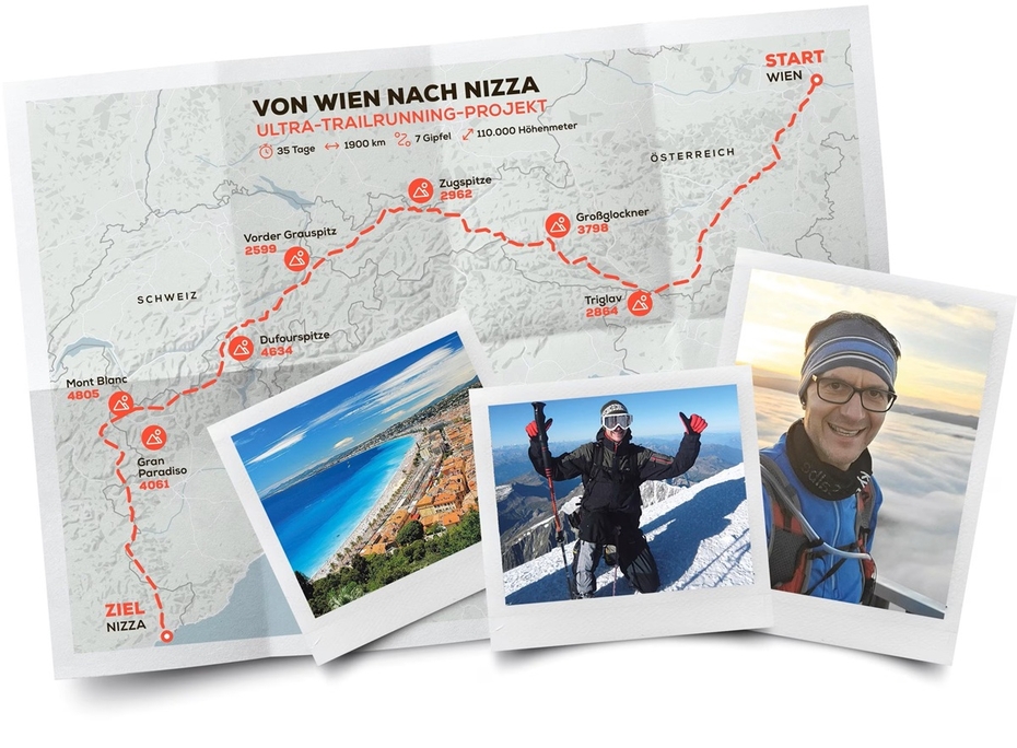 Collage einer Landkarte mit eingezeichneter Route und drei Fotos von Christian Högl selbst