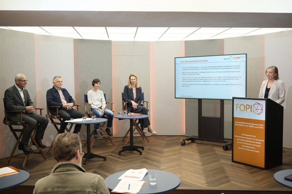 Vier Menschen sitzen auf einem Podium mit einer kleinen Leinwand, eine Frau steht an einem Rednerpult.