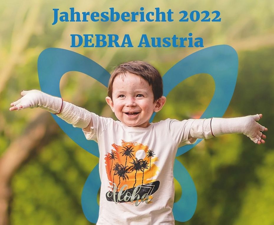 Deckblatt vom Jahresbericht mit Schmetterlingskind mit Verbänden und blauen Flügeln