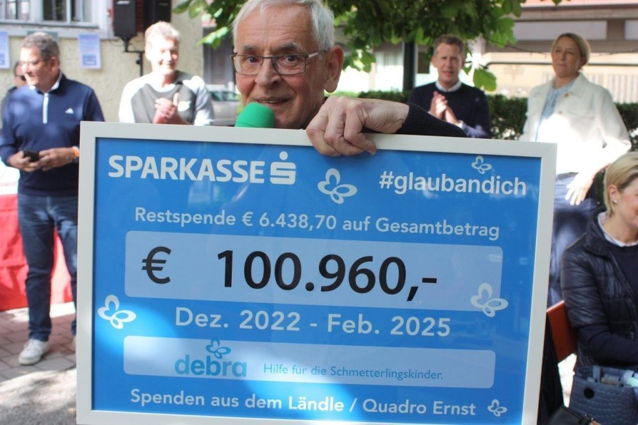 Ein Mann hält einen Spendenscheck