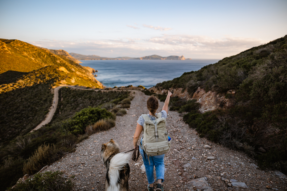 Eine Frau spaziert mit einem Hund auf einem Weg Richtung Küste, im Hintergrund sieht man das Meer. 