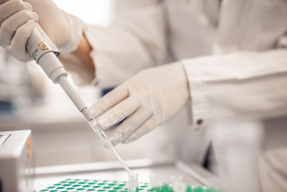 Laborszene mit Forscherhänden in Handschuhen 