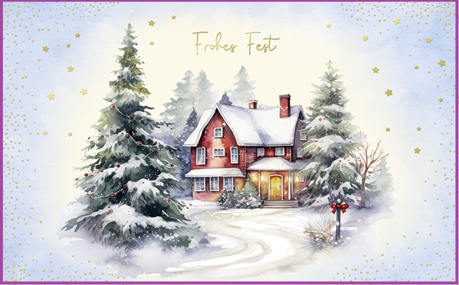 Weihnachtskarte mit Haus im Schnee
